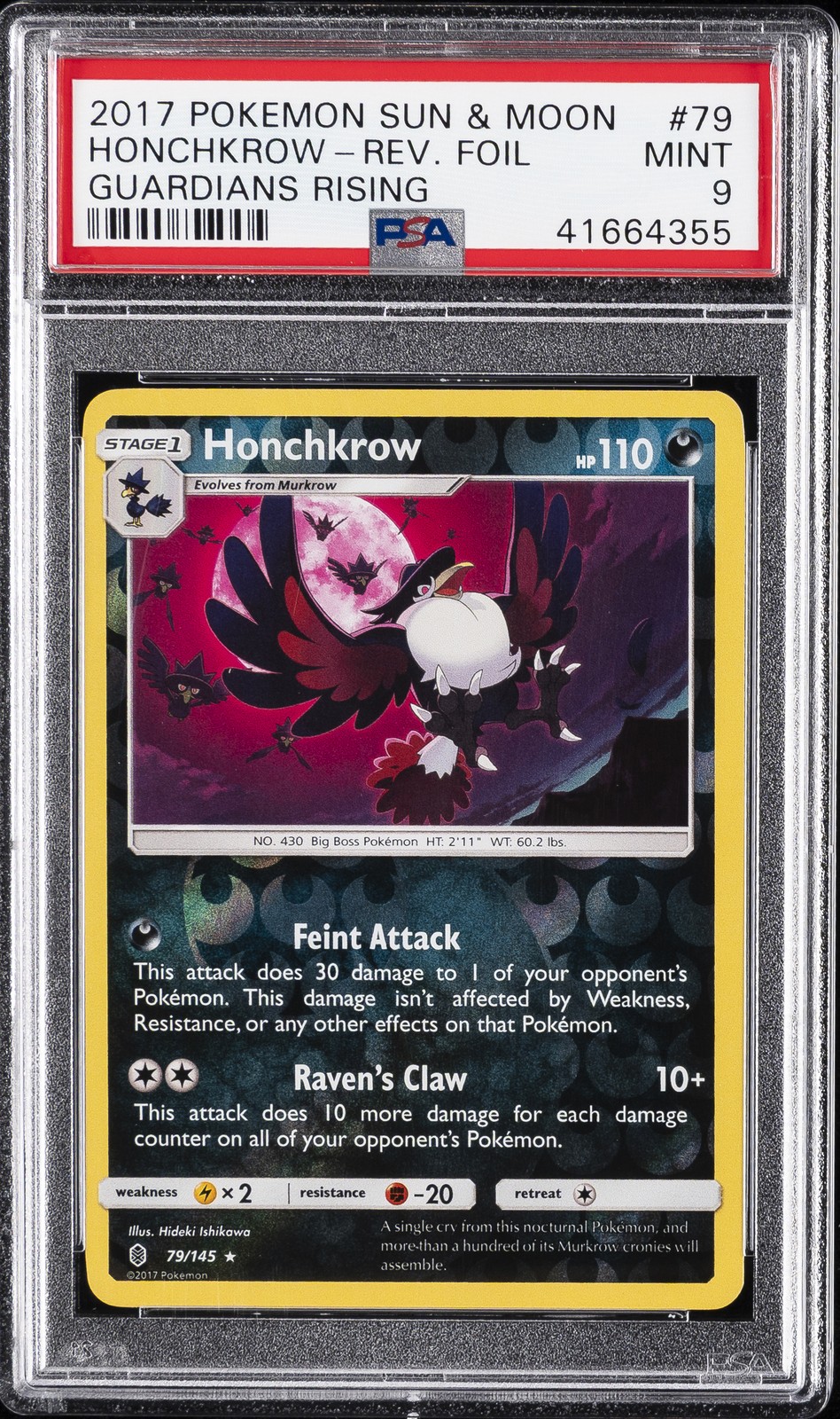 2017 POKEMON SUN & MOON GUARDIANS RISING #79 HONCHKROW-REVERSE FOIL PSA 9