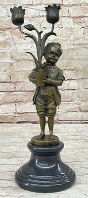 Viktorianisch Heim Dekor - Aldo Vitaleh Junger Mit Tulpen Vase Bronze Statue