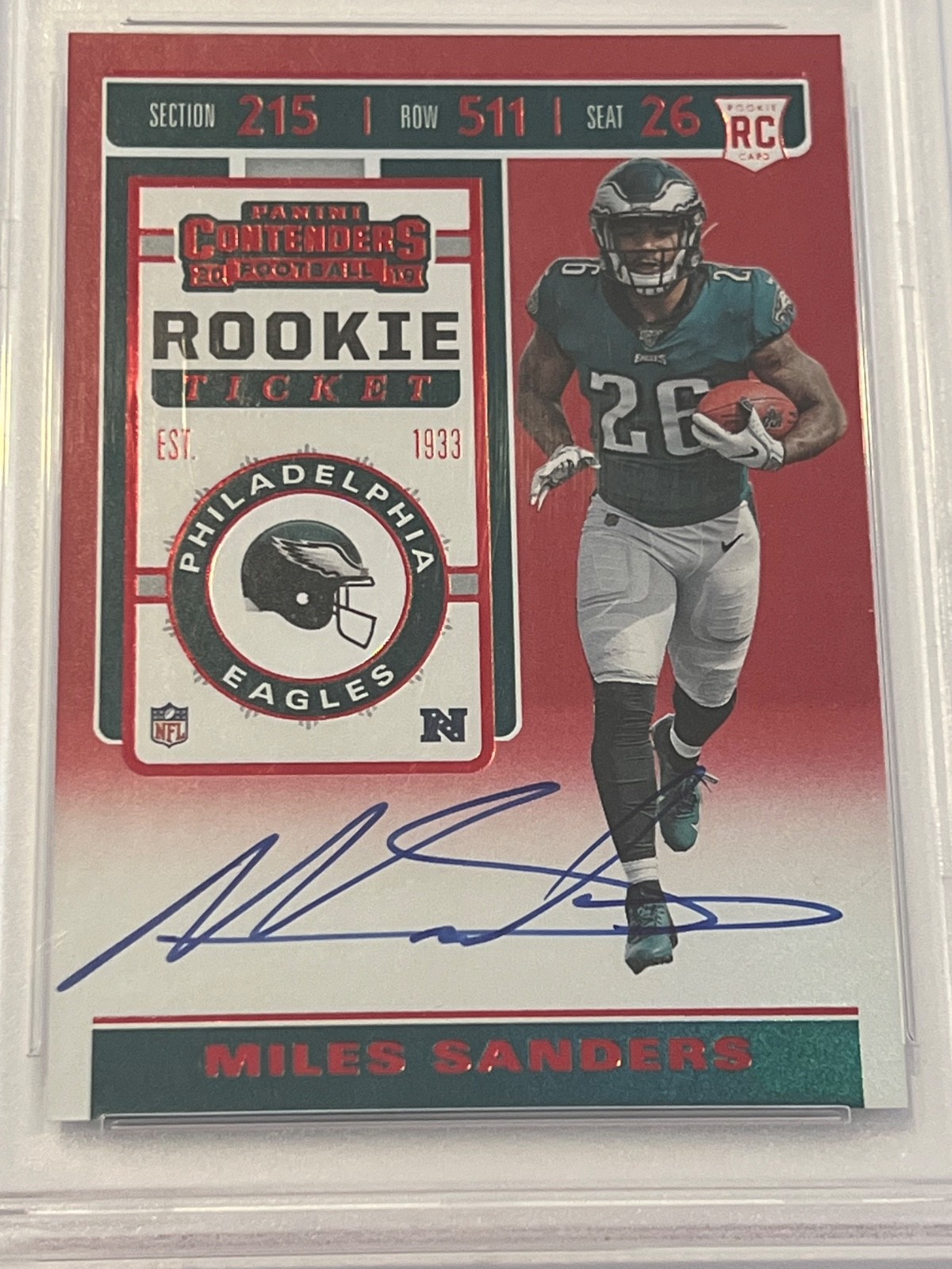 2019 Panini Contenders Miles Sanders Team Helmet Red Zone Rookie PSA 10 #120 view 2