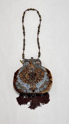 Vintage Mary Frances Purse  Blue Brown Turquoise with Fringe & Strap