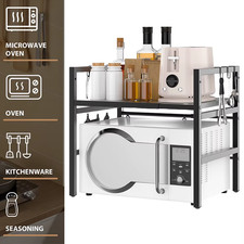 Expandable Microwave Rack, 2 Tier Microwave Rack with 6 Hooks, Microwave Rack