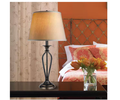 Hampton Bay Rhodes 28 in. Bronze Table Lamp with Natural Linen Shade