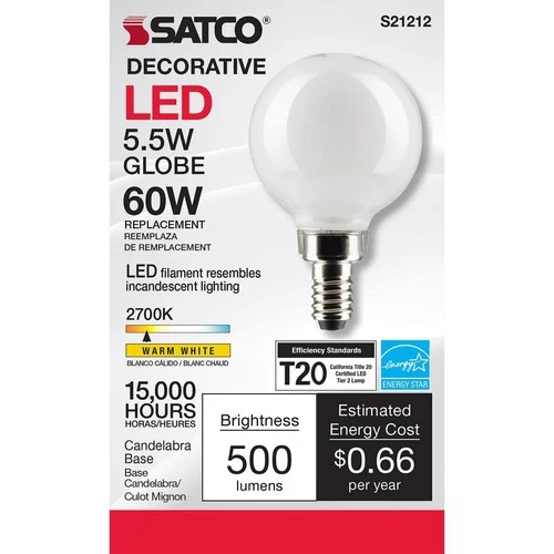 Satco 5.5-Watt LED E12 Light Bulb, 2700K, 15000 Hour Rating, Dimmable - Picture 3 of 5