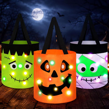 3 Pcs Light up Halloween Trick or Treat Buckets, Multi, Smile
