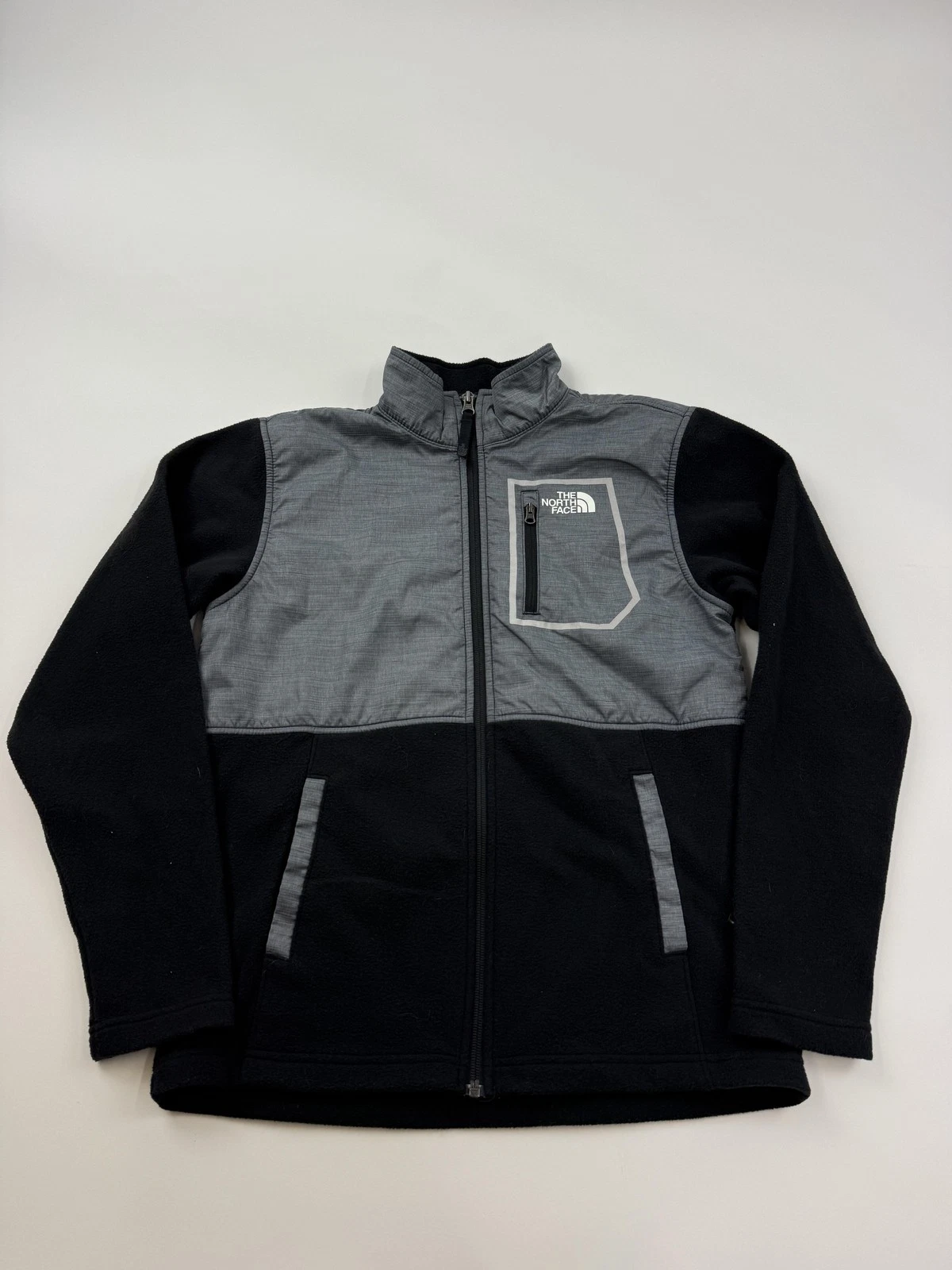 The North Face Jacket Boys Large Black Gray Fleece Full Zip Chest Pocket Outdoor