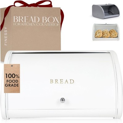 Modern Metal White Bread Box for Kitchen Countertop for Homemade Loaf Sourdough,