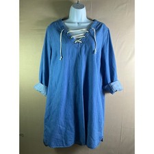 Old Navy Denim Lace Up V-Neck Shift Dress Medium Wash Blue Long Sleeve Womens L