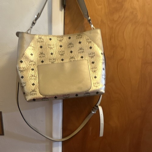 MCM Women’s Metallic Gold Logo Shoulder Bag Zip Closure Detachable Strap