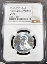 1985 ITALY SILVER 500 LIRE ALESSANDRO MANZONI NGC MS 68 SCARCE HIGH GRADE GEM