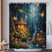 Enchanted Forest Mushroom Shower Curtain Fantasy Fairy Tales Garden Butterfly Fl