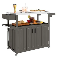 Outsunny Outdoor Bar Cart with Storage, HDPE Outdoor Kitchen Cart, Gray