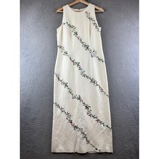 Vintage TALBOTS Linen Dress Cream Bloomcore embroidered sleeveless Sheath Sz 8