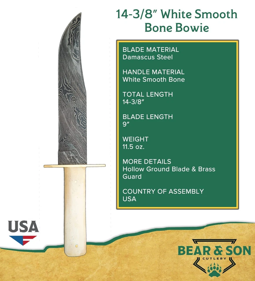 - FIJO - 9" - Punta de clip - Acero Damasco - Hueso liso blanco - Protector de hoja... Foto 2 de 2