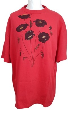 Vintage Brigid Foley rot Blumen Einzelnaht T-Shirt Top Größe 18 1970er
