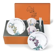 Tea Cup Set With 2 Tea Cups 2 Saucers And 2 Spoon 7 OZ Espresso Coffee Mug - NIB