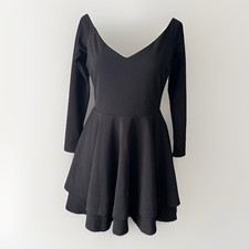 Windsor Women's Black Deep V Neck Long Sleeve A Line Stretch Mini Dress Size L