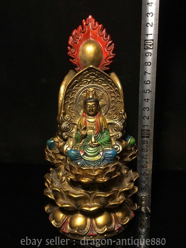 9.2" Old China Buddhism Pure Copper Painting Three Face Buddha Statue Sculpture - Picture 4 of 9