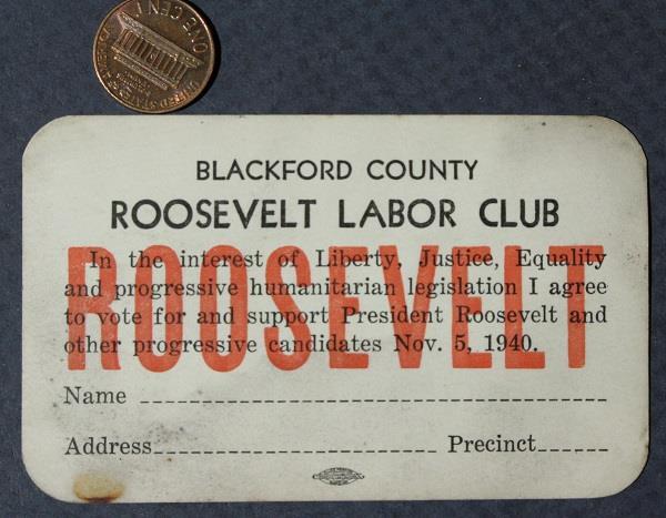 1940 Blackford County Indiana Franklin D Roosevelt for President Club Card FDR +