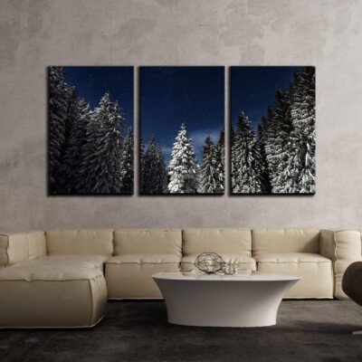 Wall26 Canvas Wall Art Set of 3 - Snow Covered Pine Forest at Night ...