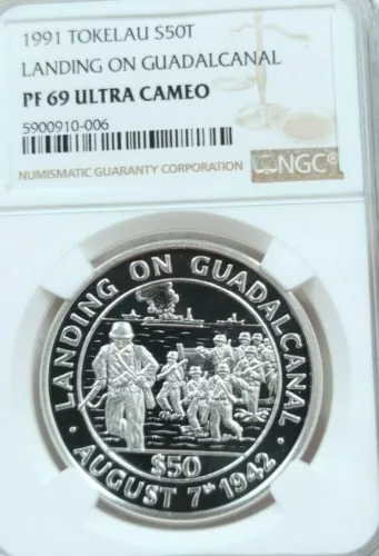 1991 TOKELAU SILVER 50 TALA LANDING ON GUADALCANAL NGC PF 69 ULTRA CAMEO TOP 