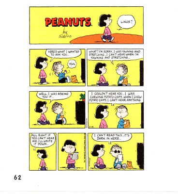 1990's Vintage PEANUTS COMIC STRIP Pin-Up ART - LINUS CAN'T HEAR LUCY