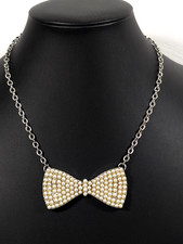 White Faux Pearl Pave Bow Statement Necklace Retro Feminine Coquette 20 in