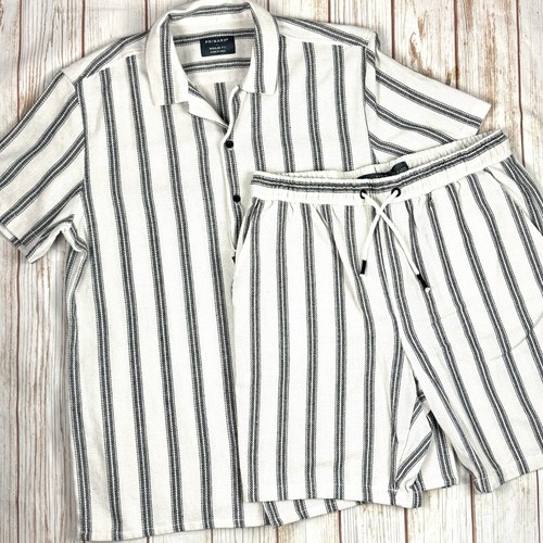Primark Herren Relaxed Baumwollmischung Elfenbein Schwarz Gestreift 2 Stück Short Set-Large - Bild 1 von 14