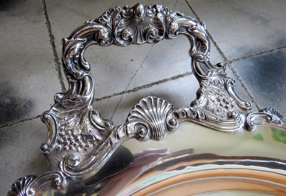 EXTRA LARGE Antique Silver Plate on Copper Footed Tray w/ 2