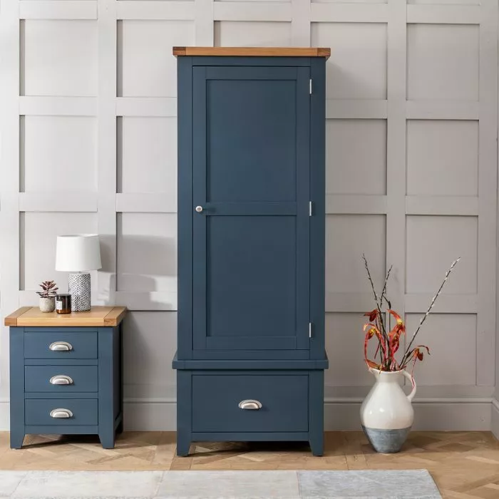 Westbury Blue Painted Single 1 Door Wardrobe with 2 Drawers Slim