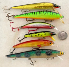 VTG LOT 6 FISHING LURES MINNOWS BOMBER CRANKBAITS PRO FIRETIGER RATTLES MOD GOLD