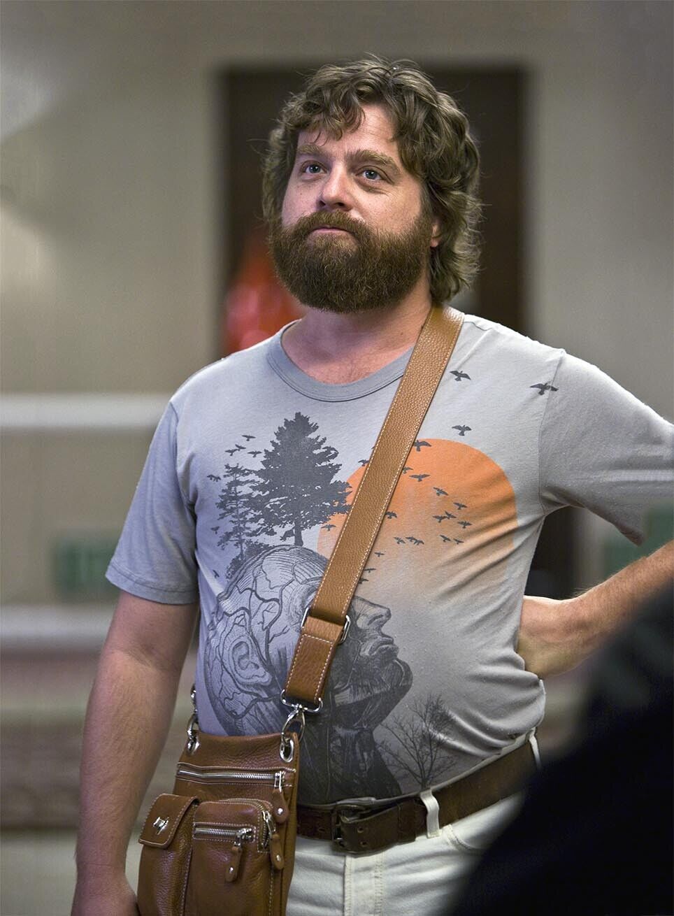 The Hangover 2009 Zach Galifianakis as Alan with shoulder bag