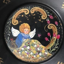 2013 One Of A Kind Hand Painted 6.75" D Bowl Angel Design Signed HD Metal Tole