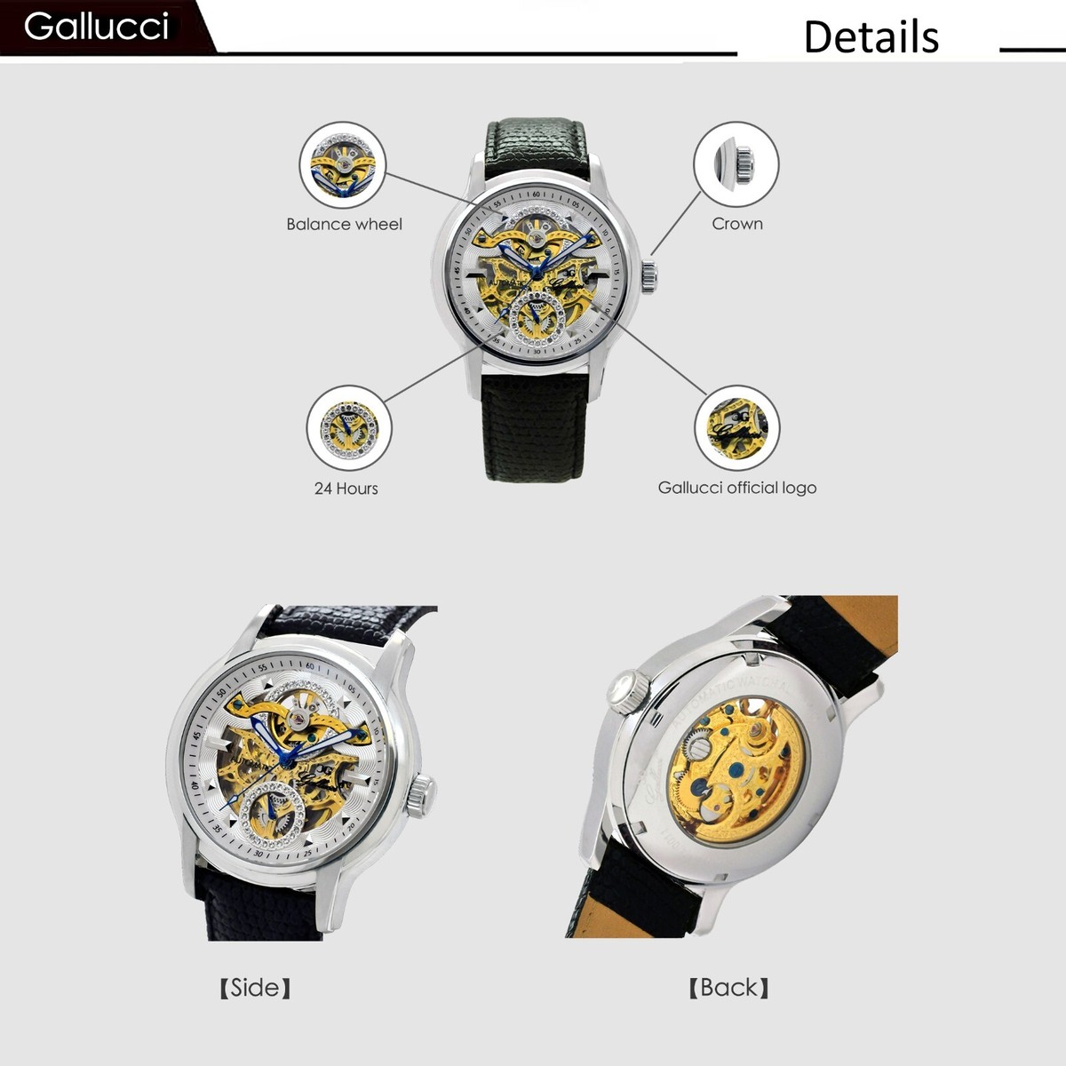 ♦️ラスト1点♦️y071315 Gallucci スケルトン腕時計　ロゴ　アナログ Gallucci Ladies Fashion Skeleton Automatic Wrist Watch with