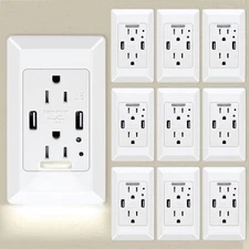 10× Wall Outlet 4.2A USB Ports Night Light Automatic On/Off 15A Tamper Resistant