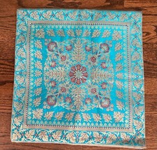 LePakshi Silk Pillow Cover Turquoise Gold Burgundy 16”x 16” Zipper Closure India