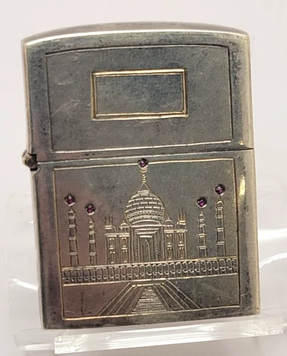 Rare Vintage Engraved Sterling Silver with rubies Lighter Taj Mahal Zippo WW2