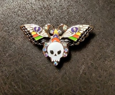 Gothic Skull Moth Brooch   Enamel Wings, Rhinestones   Halloween Steampunk Pin