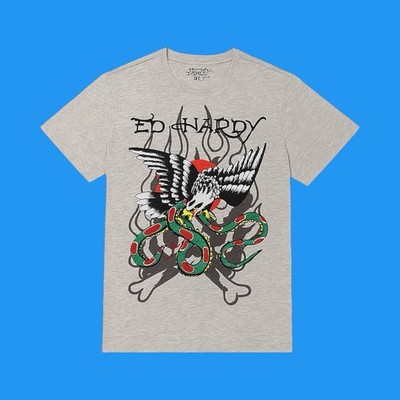 Ed Hardy Mens L Graphic Studded Eagle Vs Snake Tattoo Gray Crewneck T Shirt