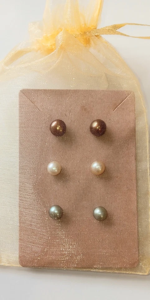 Button Pearl Sterling Silver Post Earrings Champagne Chocolate & Green 3 Pairs - Image 3 of 4