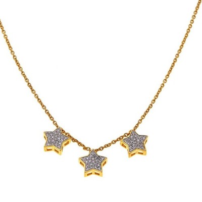 Rarities Solid 14K Yellow Gold Triple Star White Diamond Necklace