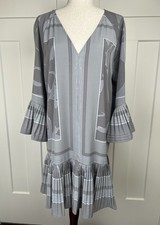 Halston Heritage Gray Graphic Stripe V-Neck Dress Bell Sleeves Pleated Hem Sz L