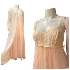 Vintage 60s Vanity Fair Pale Pink Peignoir Set Nightgown Robe Lace Small