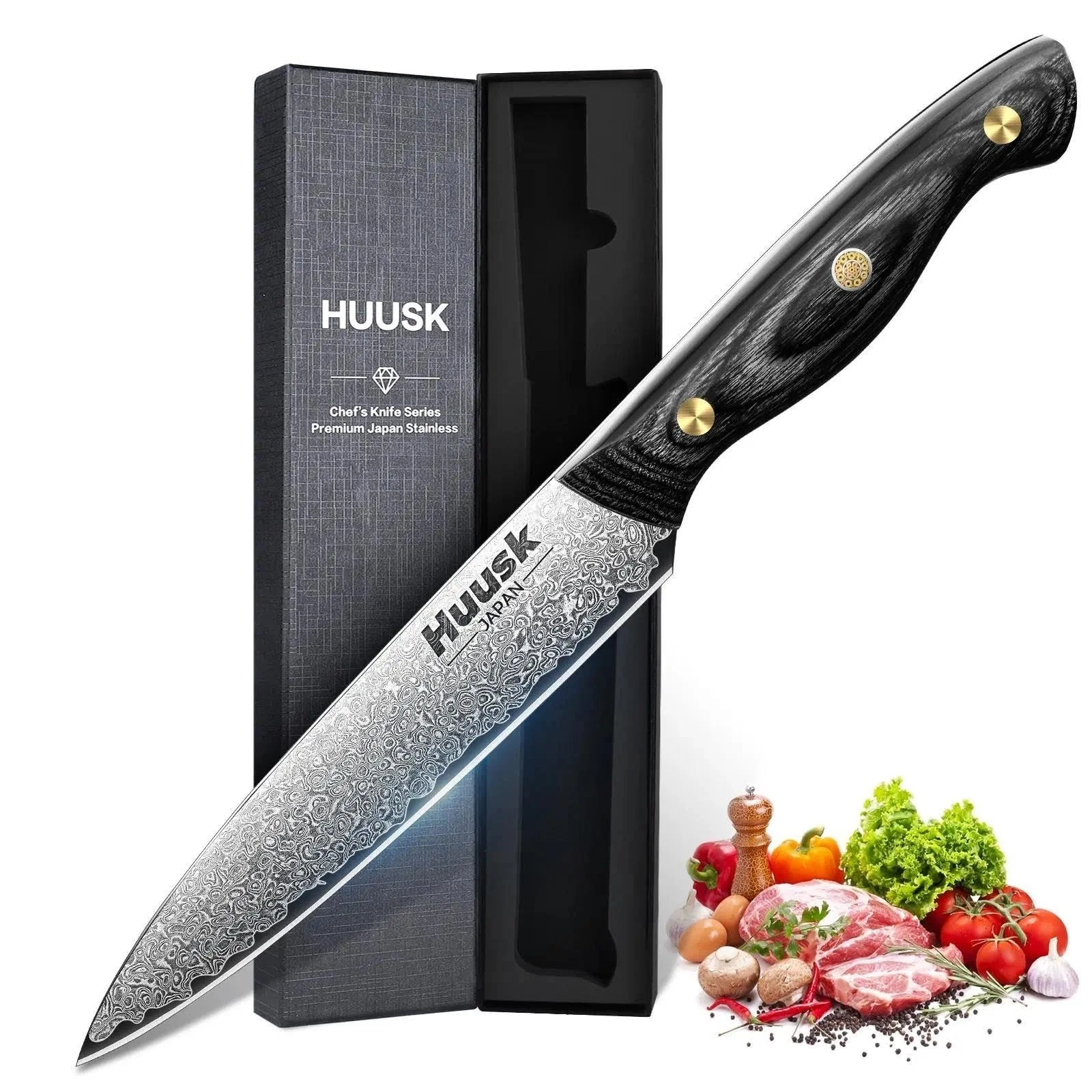Huusk Damascus Kitchen Utility Knife, Japanes VG10 Small Chef Knives 5 inch w...