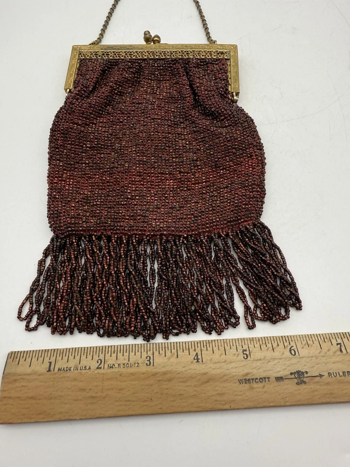 Art Deco Enamel Frame 1930s Antique Red Beaded Purse Flapper Bag Loopy Fringe - Image 3 of 4