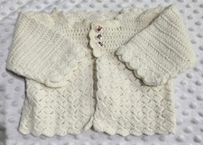 Vintage Handmade Knit/Crochet Newborn Baby Doll Cardigan Sweater Ivory/Off-White