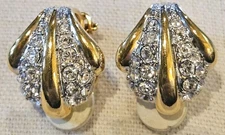 Joan Rivers Pave Rhinestone Shell Gold Tone Pierced Earrings Vintage