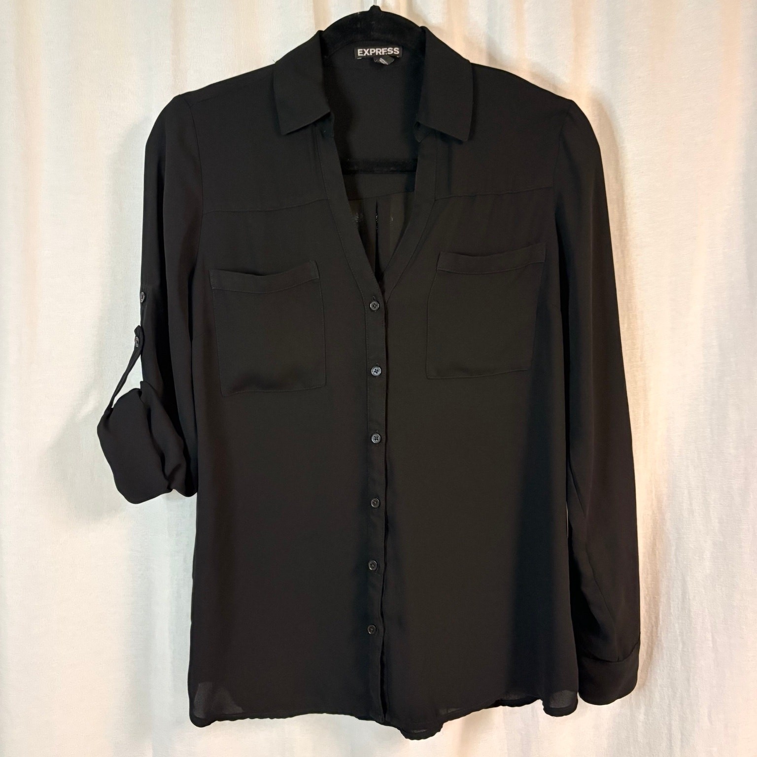 Express Black Portofino Button Down Blouse Roll Tab Sleeve Size M