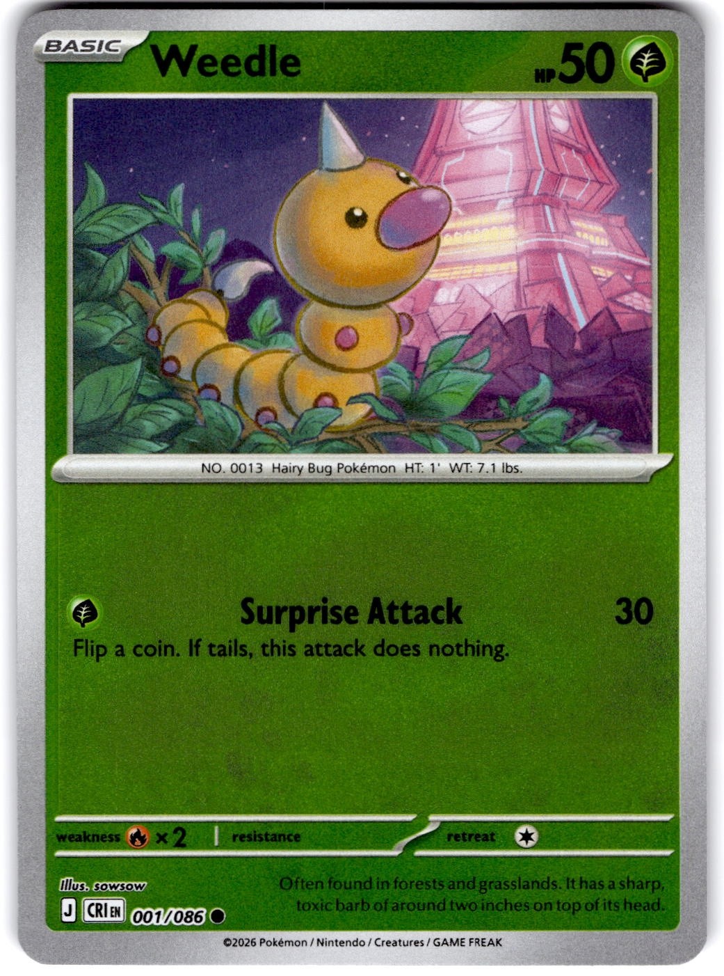 Pokemon Weedle Chaos Rising 1/86 Reverse Holo Near Mint English
