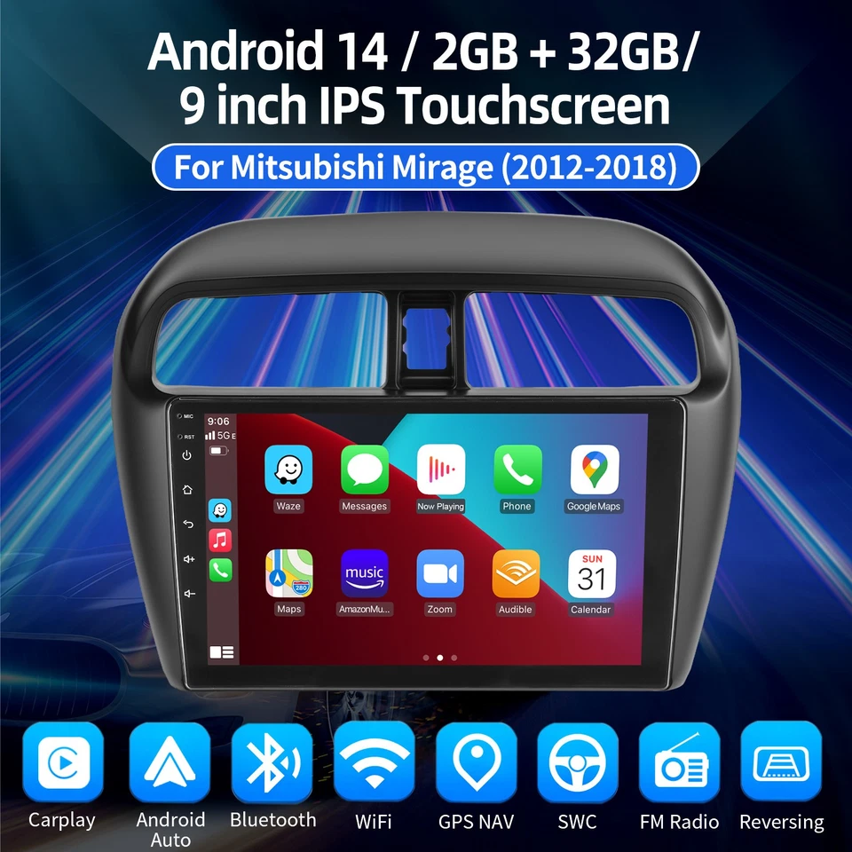 Radio estéreo para automóvil de 9" Carplay GPS navegación con cámara para Mitsubishi Mirage 2012-2018 Foto 2 de 4
