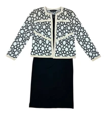 Ming Wang 2 Pc Set Graphic Circle Knit Jacket Black Pencil Dress Size Petite XS